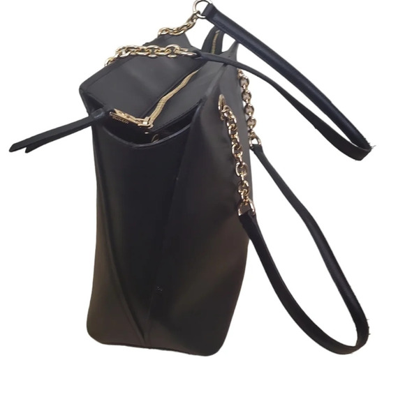 Calvin Klein Hailey Tote Shoulder-Bag Pebbled Leather Black Gold Top Zip Chain - Picture 5 of 6